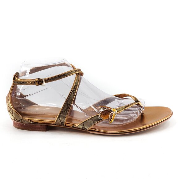 GUCCI Gold Leather Bumblebee Thong Sandal - Picture 9 of 13